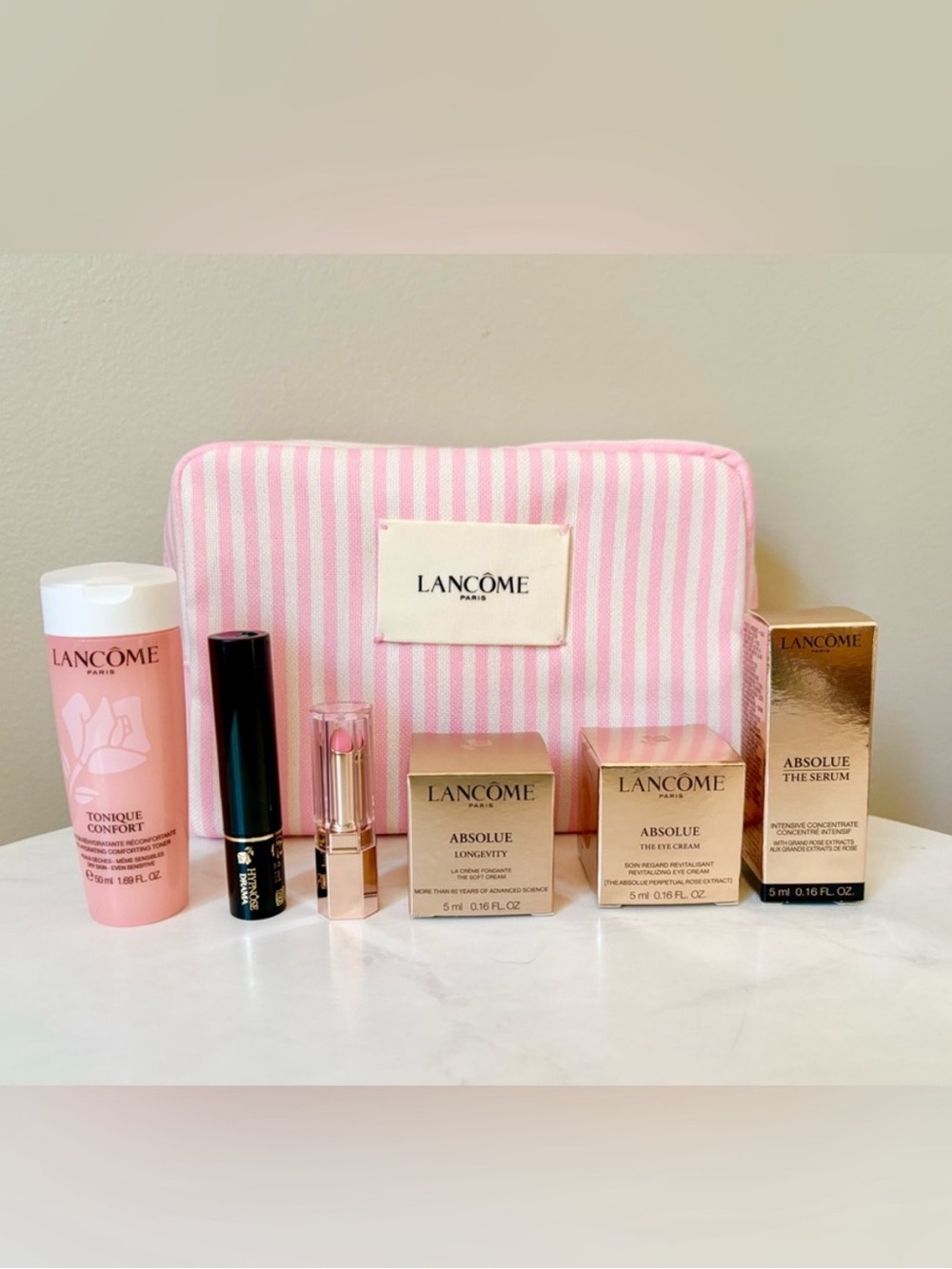 Lancome Pink White Striped Cosmetic Bag Pouch Absolue Products Gift Set
